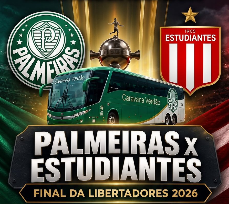 Caravana Verdão: ônibus, taça da Libertadores e os escudos de Palmeiras e Estudiantes