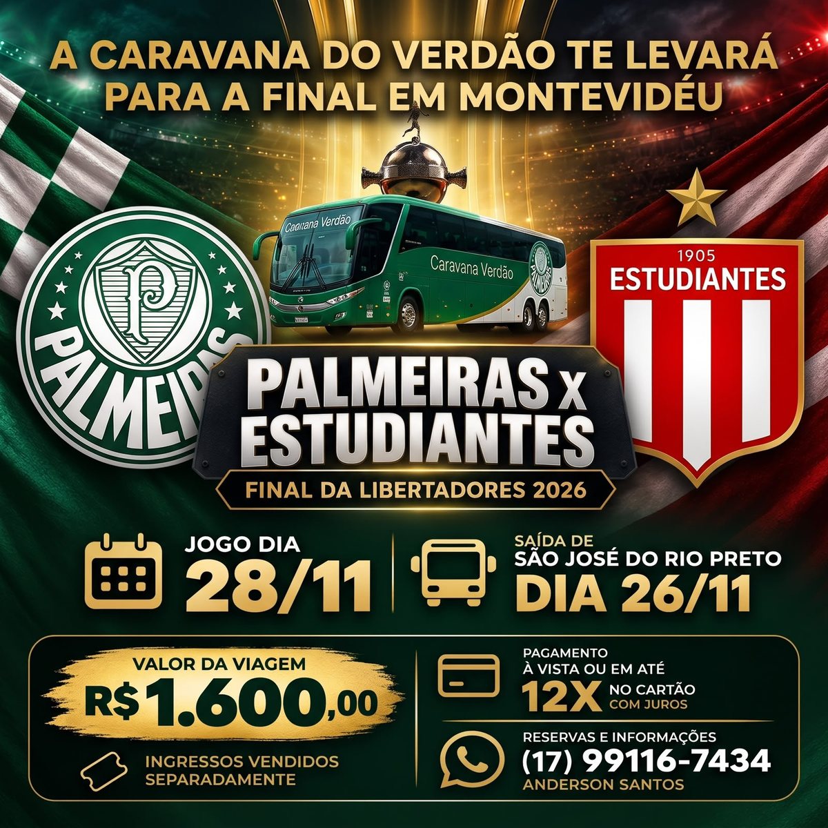 Pôster da Caravana do Verdão: Palmeiras x Estudiantes, final da Libertadores 2026